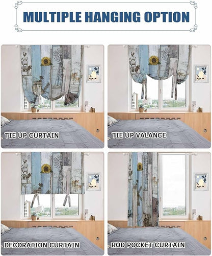 Tie Up Curtains for Windows, Blue Grey Wooden Adjustable Balloon Nature Linen Textured Kitchen Curtain, Farmhouse Barn Sunflowers Retro Privacy Curtains Balloon Blind for Cafe, 42 x 63 Inches