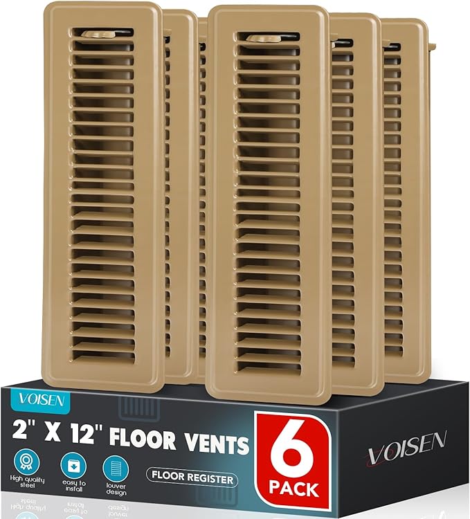VOISEN Floor Register 2x12, 6 Pack Floor Vent Covers, Steel Adjustable Air Supply Grille Register Vent Cover Grill for Sidewall and Floor, Vent Covers for Home Floor,Brown
