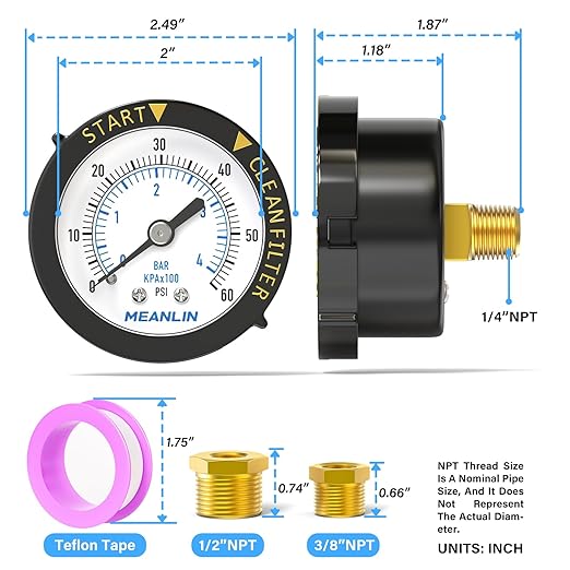 MEANLIN MEASURE 0~60Psi 1/4" NPT Start and Clean Filter Pressure Gauge, Suitable for Swimming Pool, Spa, Aquarium, Center Back Mount(Pack of 2), with 1/2" NPT and 3/8" NPT Hex Bushing