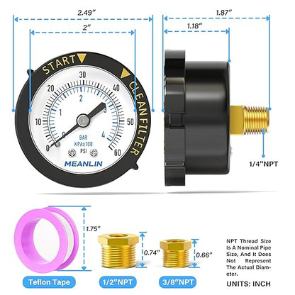MEANLIN MEASURE 0~60Psi 1/4" NPT Start and Clean Filter Pressure Gauge, Suitable for Swimming Pool, Spa, Aquarium, Center Back Mount(Pack of 2), with 1/2" NPT and 3/8" NPT Hex Bushing