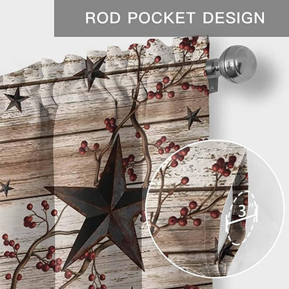 Rustic Star Brown Curtain Valances for Windows, Kitchen Valance Window Treatment, Vintage Plants Berry Wooden Grain Light Filtering Block Curtains for Bathroom/Bedroom/Living Room 42'' x 18''