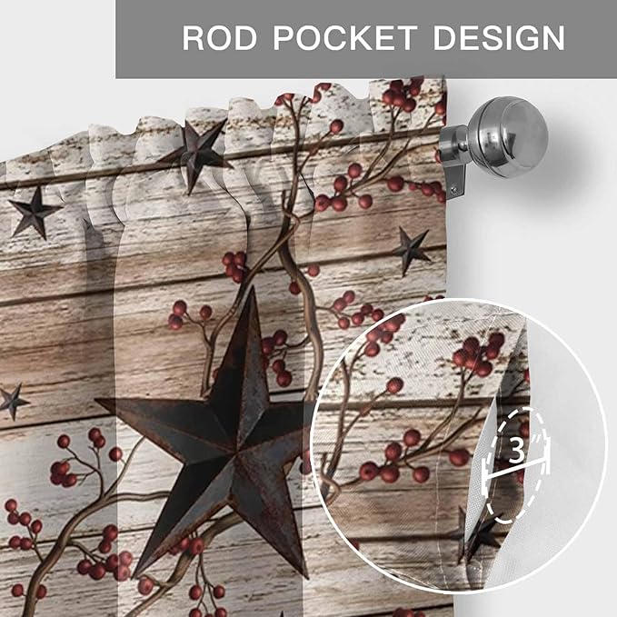Rustic Star Brown Curtain Valances for Windows, Kitchen Valance Window Treatment, Vintage Plants Berry Wooden Grain Light Filtering Block Curtains for Bathroom/Bedroom/Living Room 54'' x 18''