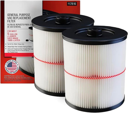 17816/9-17816 Red-Stripe Cartridge Filter Replacement – Compatible with Craftsman 5–32 Gallon Wet/Dry Shop Vac – Washable Pleated Vacuum Filter, 2 Pack