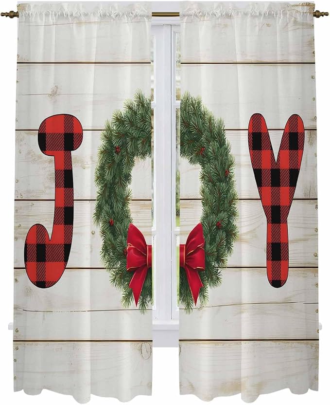 Christmas Wreaths Window Curtains 72 Inch Long 2 Panel Set,Rod Pocket Long Curtains & Drapes,Winter Bow Plaid Farmhouse Wooden Grain Window Treatment for Bedroom Living Room 52"W x 72"L