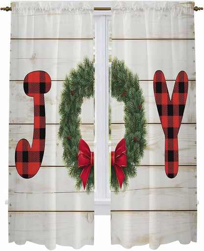 Christmas Wreaths Window Curtains 72 Inch Long 2 Panel Set,Rod Pocket Long Curtains & Drapes,Winter Bow Plaid Farmhouse Wooden Grain Window Treatment for Bedroom Living Room 52"W x 72"L