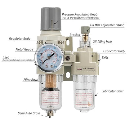 Air Pressure Regulator with Pressure Gauge(0-150PSI),Water Separator for Air Compressor Semi-Auto Drain 1/4 NPT Threaded Interface