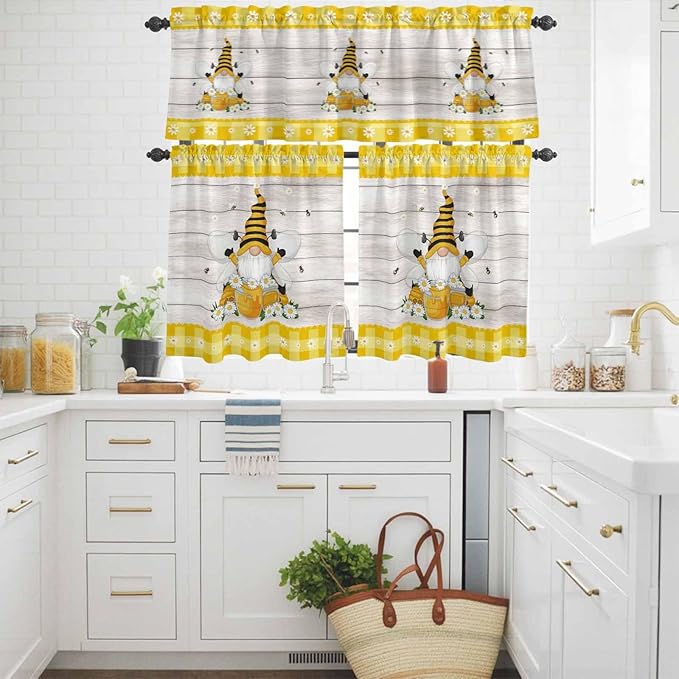 Yellow Gnomes Kitchen Curtains Set 3 Piece for Windows, Rod Pocket Valance and Tier Set 24 Inch Length, Spring Bees Daisy Plaid Wooden Grain Light Filtering Cafe Curtains for Living Room Bathroom
