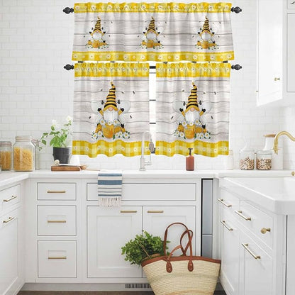 Yellow Gnomes Kitchen Curtains Set 3 Piece for Windows, Rod Pocket Valance and Tier Set 24 Inch Length, Spring Bees Daisy Plaid Wooden Grain Light Filtering Cafe Curtains for Living Room Bathroom