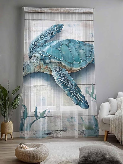 Sheer Curtains 108 Inches Long, Teal Green Sea Turtle Semi Sheer Curtains Light Filtering Window Treatment, Summer Ocean Seaweed Wood Grain Privacy Voile Drapes for Living Room Bedroom 52x108 Inch