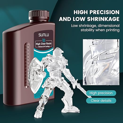 SUNLU High Clear 3D Printer Resin, High Transparency 3D Printing Resin, Resist Yellowing Clear Resin, 405nm UV Curing 3D Printing Photopolymer Resin, Suitable for LCD/DLP/SLA 3D Resin Printer, 2000g