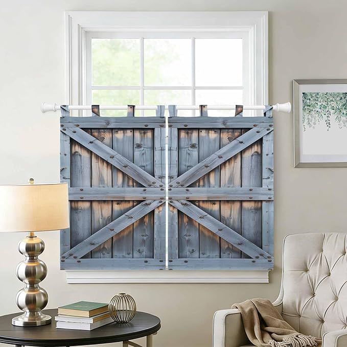 Farmhouse Wood Grain Kitchen Curtains 45 Inch Length, Short Cafe Window Curtains Tab Top, Vintage Country Barn Gate Textured Light Filtering Window Treatments Tier Drapes 27.5"x45" 2 Panel