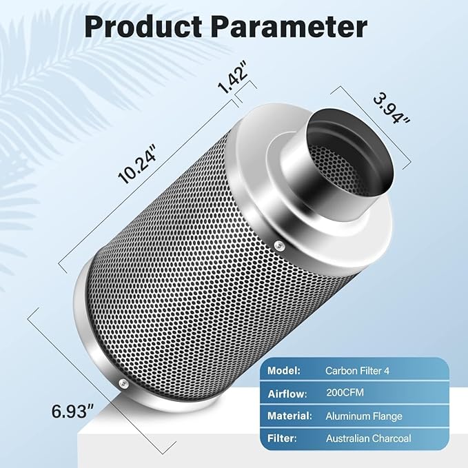 iPower 4 Inch Air Carbon Filter, with Australia Virgin Charcoal for Inline Fan, Hydroponics, Grow Tent, Prefilter Included, Reversible Flange 4" x 12", Silver