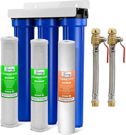 iSpring WCB32O+AHPF12MNPT12X2 Whole House Water Filter System, Reduces up to 99% Chlorine, Sediment, Taste, Odor, 3-Stage Water Filtration System w/ 3/4" Push-fit Stainless Steel Hose Connectors