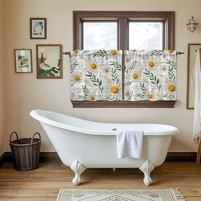 Spring Daisy Tier Curtains, Farmhouse Country Flower Leaf Plant Wood Grain Light Filtering Kitchen Curtains, 2Pcs Rod Pocket Half Window Treatments Panels for Sink Cafe Cabinet Camper 27.5x24 Inches