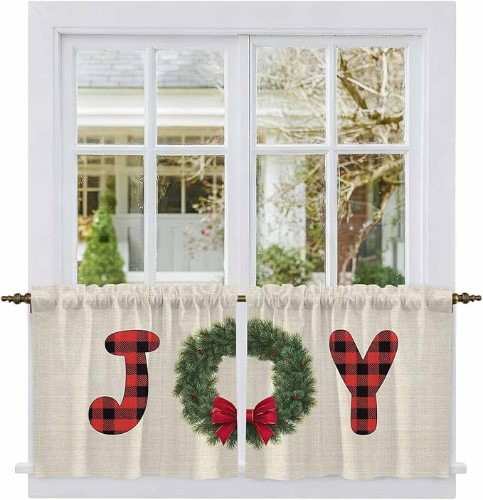 Red Green Christmas Kitchen Tier Curtains 36 Inch Long 2 Panel Set,Rod Pocket Half Window Curtains Over Sink,Farmhouse Xmas Botanical Winter Short Drapes for Bathroom Cafe 27.5"W x 36"L