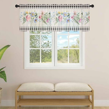 Blue Pink Floral Sheer Valance Curtains, Spring Summer Botanical Linen Black Plaid Light Filtering Kitchen Valances Rod Pocket Voile Curtain Window Treatment for Bedroom/Living Room/Basement 42Wx12L