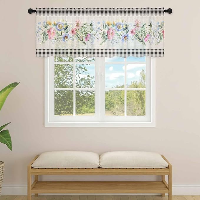 Blue Pink Floral Sheer Valance Curtains, Spring Summer Botanical Linen Black Plaid Light Filtering Kitchen Valances Rod Pocket Voile Curtain Window Treatment for Bedroom/Living Room/Basement 60Wx18L