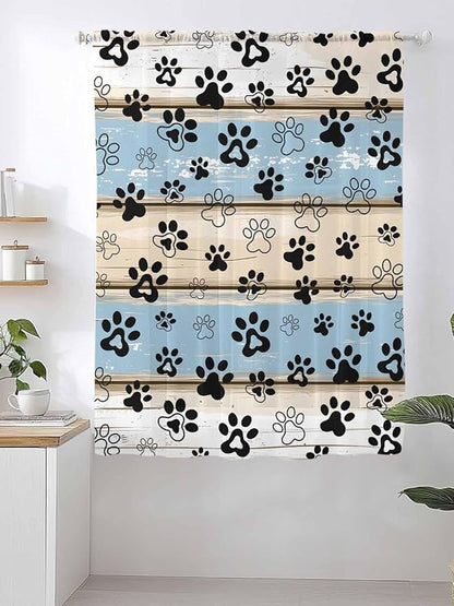 Sheer Curtains 63 Inch Length, Blue Beige Paw Print Semi Sheer Curtains Light Filtering Window Treatment, Vintage Farmhouse Rustic Wooden Grain Privacy Voile Drapes for Living Room Bedroom 52x63 Inch