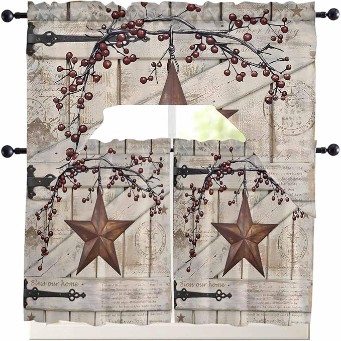 Village Stars Swag Kitchen Curtains Valance and Tier Set, Vintage Rust Yellow Star Berry Beige Barn Doors Light-Filtering Swag Valance 24 Inch Length, Rod Pocket Short Curtain for Bedroom Cafe