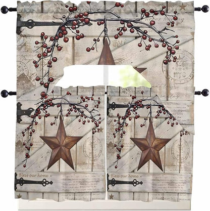 Village Stars Swag Kitchen Curtains Valance and Tier Set, Vintage Rust Yellow Star Berry Beige Barn Doors Light-Filtering Swag Valance 36 Inch Length, Rod Pocket Short Curtain for Bedroom Cafe