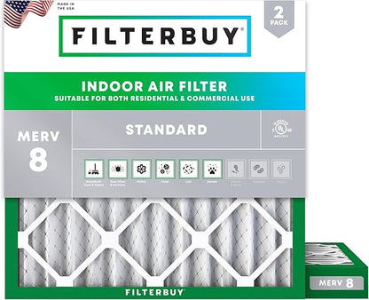 Filterbuy 10x10x2 Air Filter MERV 8 Essential Dust & Allergy Defense (2-Pack), Electrostatic Pleated HVAC AC Furnace Filters Replacement, Made in USA (Actual Size: 9.50 x 9.50 x 1.75)