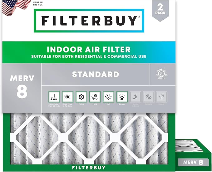 Filterbuy 12x12x2 Air Filter MERV 8 Essential Dust & Allergy Defense (2-Pack), Electrostatic Pleated HVAC AC Furnace Filters Replacement, Made in USA (Actual Size: 11.50 x 11.50 x 1.75)