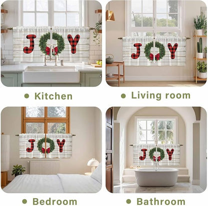 Christmas Wreaths Kitchen Tier Curtains 36 Inch Long 2 Panel Set,Rod Pocket Half Window Curtains Over Sink,Winter Bow Plaid Farmhouse Wooden Grain Short Drapes for Bathroom Cafe 27.5"W x 36"L