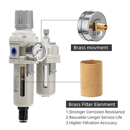 Air Pressure Regulator with Pressure Gauge(0-150PSI),Water Separator for Air Compressor Auto Drain 3/8 Air Line NPT Threaded Interface