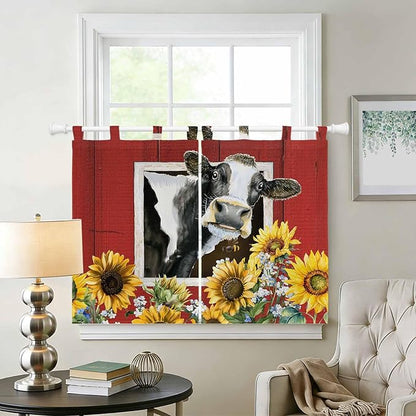 Cows Sunflowers Kitchen Curtains 45 Inch Length, Short Cafe Window Curtains Tab Top, Spring Botanical Floral Bees Red Barn Light Filtering Window Treatments Tier Drapes 27.5"x45" 2 Panel