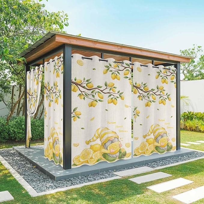 Summer Outdoor Curtains for Patio Lemon Gnome Leaf Linen Texture Waterproof Outside Curtains with Grommet Top Weatherproof Curtain for Cabana Pergola Gazebo, 2 Pack, 54" W x 84" L