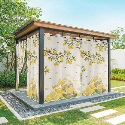 Summer Outdoor Curtains for Patio Lemon Gnome Leaf Linen Texture Waterproof Outside Curtains with Grommet Top Weatherproof Curtain for Cabana Pergola Gazebo, 2 Pack, 54" W x 84" L