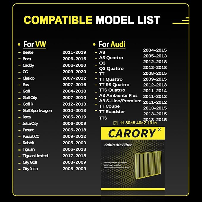 Cabin Air Filter w/Activated Carbon for VW Golf 2004-2018, Jetta 2005-2019, Tiguan 2006-2018, Passat 2005-2018, CC 2009-2020, Audi A3 2004-2015, Q3 2012-2018 and More