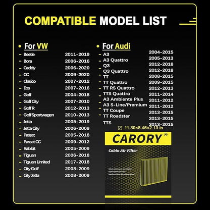 Cabin Air Filter w/Activated Carbon for VW Golf 2004-2018, Jetta 2005-2019, Tiguan 2006-2018, Passat 2005-2018, CC 2009-2020, Audi A3 2004-2015, Q3 2012-2018 and More