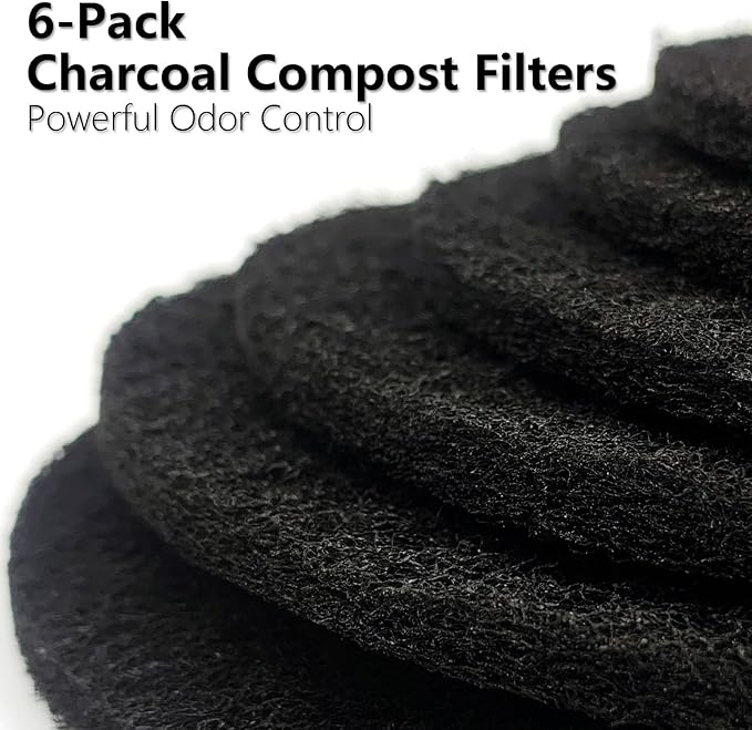 6 Pack Charcoal Filters for Compost Bucket – 6.7 Inch Round Activated Carbon Filters for Countertop Compost Bins – Odor Reducing Replacement Filter Discs for Kitchen Trash Can Lid