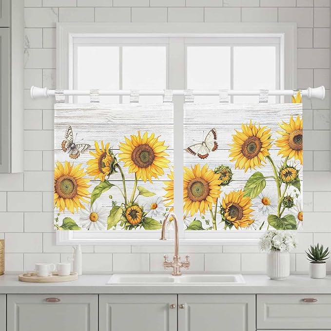 Yellow Sunflowers Kitchen Curtains 24 Inch Length, Small Window Curtains Tab Top, Vintage Country Flowers Butterfly Wood Board Light Filtering Short Window Treatments Tier Drapes 27.5"x24" 2 Panel