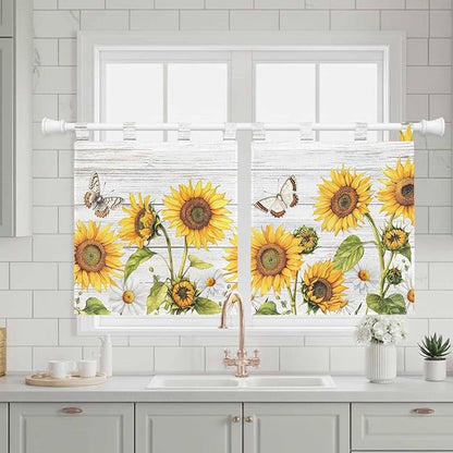 Yellow Sunflowers Kitchen Curtains 24 Inch Length, Small Window Curtains Tab Top, Vintage Country Flowers Butterfly Wood Board Light Filtering Short Window Treatments Tier Drapes 27.5"x24" 2 Panel
