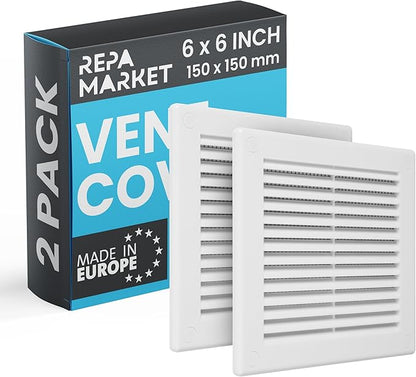 Repa Market 6 x 6 Inch (Outer) White Square Air Vent Cover - Pack of 2 Plastic Fresh Air Intake Vent - AC Cover with Nylon Mesh Screen, Wall, Ceiling HVAC Return Air Register, Modern Soffit Vents