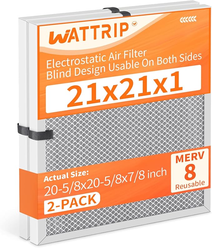 2-Pack 21x21x1 MERV 8 Reusable & Washable Electrostatic Air Filters - Long-Lasting Filter for HVAC, Furnace & Air Conditioner Units, Actual Size: 20-5/8” x 20-5/8” x 7/8”