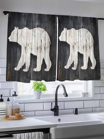 Sheer Curtains 54 Inch Length, White Brown Bear Semi Sheer Curtains Light Filtering Window Treatment, Rustic Counrty Vintage Wood Grain Privacy Voile Drapes for Living Room Bedroom 52x54 Inch