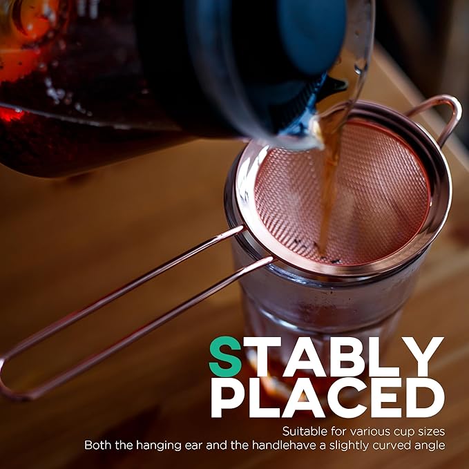 Homestia Fine Mesh Strainer for Kitchen, 304 Stainless Steel Cocktail Sieve Sifters for Food, Liquid Strainer Cup for Food, Drinks, Tea, Rice, Oil, Coffee, Juice, Flour, Fruits, Vegetables (Rose Gold)