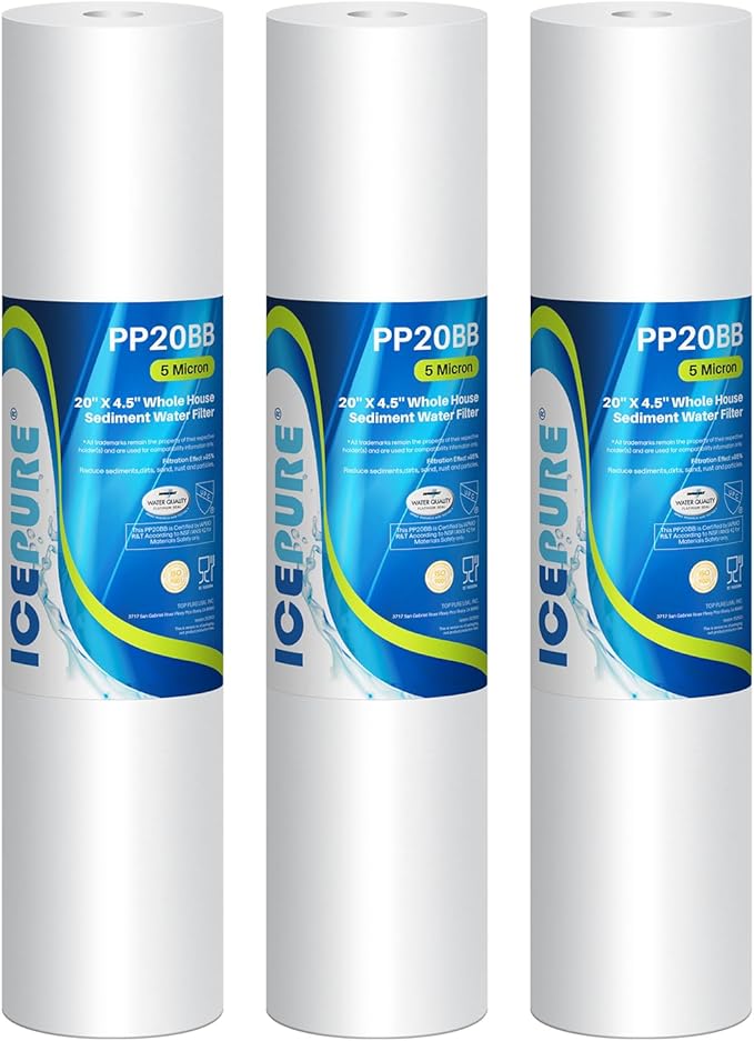 ICEPURE 5 Micron 20" x 4.5" Whole House Sediment Water Filter Cartridge Replacement for FPMB5-20, SP-DD-5005-20BB, FP25B, AP810-2, 155358-43, SDC-45-2005, 2PP20BB1M, P5-20, 3 Pack