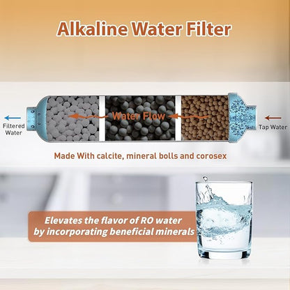 RTW5AK SGS-Tested Reverse Osmosis Alkaline Water Filter System, 6 Stage pH+ Alkaline Remineralization Under Sink RO Water Filtration System Plus Extra 3 Filters, 50 GPD