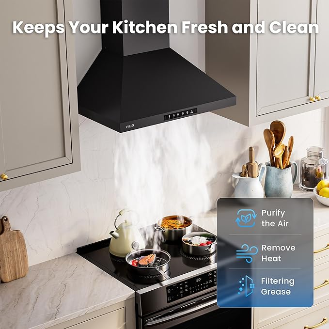 Wall Mount 36 Inch Range Hood 900 CFM, Ductless/Ducted Convertible, 3-speed Gesture Sensing & Touch Control, Black Painted Stainless Steel Vent Kitchen Hood with Permanent Baffle Filters
