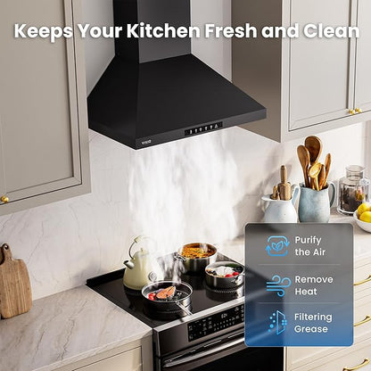 Wall Mount 36 Inch Range Hood 900 CFM, Ductless/Ducted Convertible, 3-speed Gesture Sensing & Touch Control, Black Painted Stainless Steel Vent Kitchen Hood with Permanent Baffle Filters