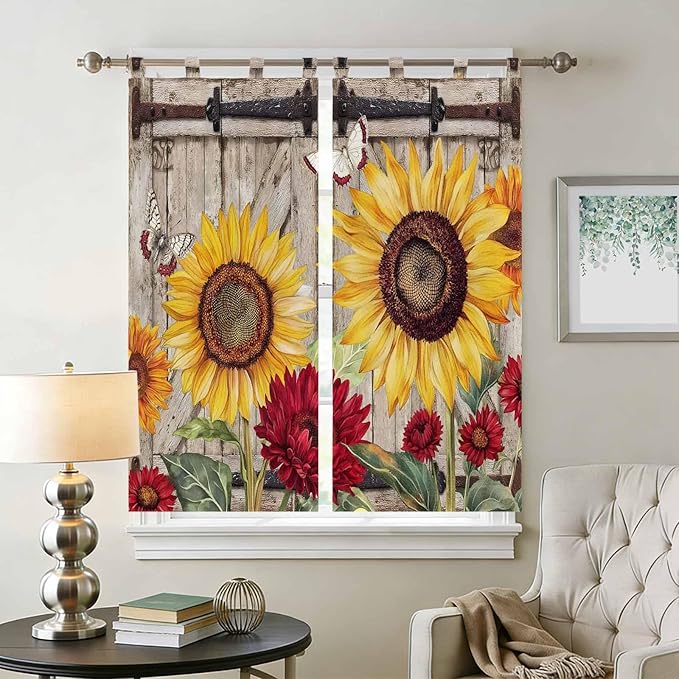 Sunflowers Bedroom Curtains 72 Inch Length, Window Curtains Tab Top, Retro Flower Barn Doors Butterfly Farmhouse Brown Light Filtering Window Treatments Drapes 52"x72" 2 Panel