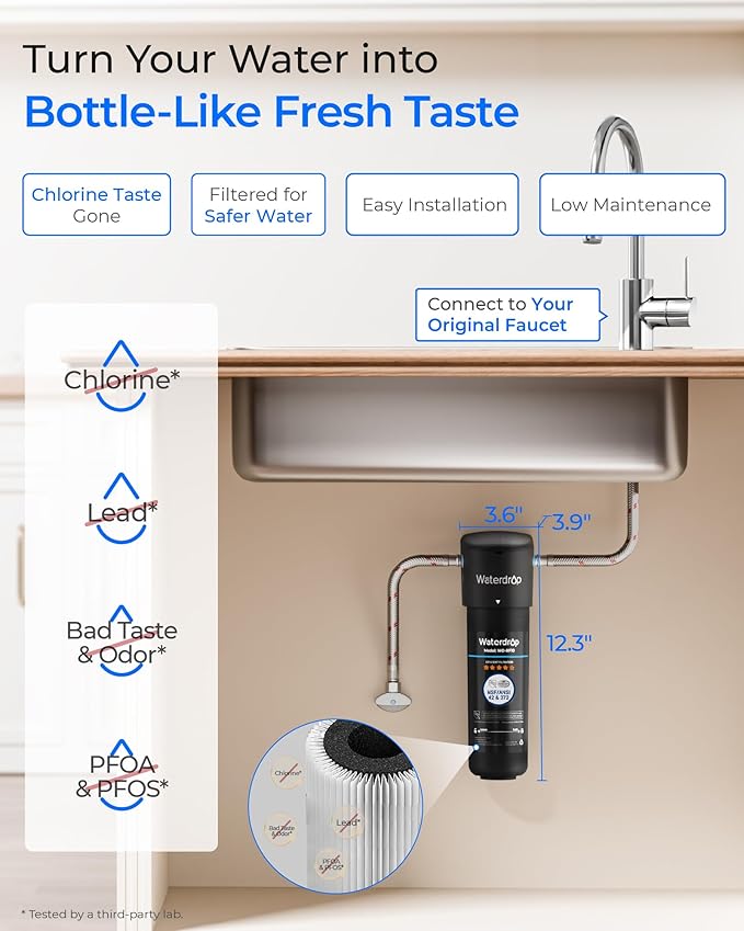 Waterdrop 10UA Under Sink Water Filter System, Reduces PFAS, PFOA/PFOS, Lead, Chlorine, Bad Taste & Odor, Under Counter Water Filter Direct Connect to Kitchen Faucet, NSF/ANSI 42 Certified, 1 Year