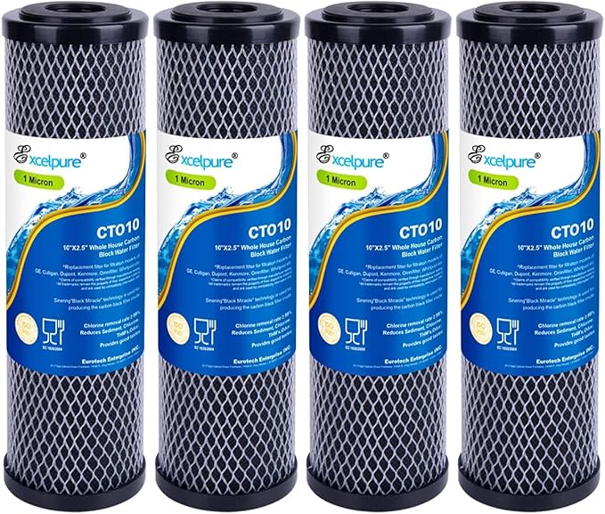 EXCELPURE 1 Micron 10" x 2.5" Whole House CTO Carbon Water Filter Cartridge Replacement for Home Countertop System, Dupont WFPFC8002, WFPFC9001, FXWTC, SCWH-5, WHEF-WHWC, WHCF-WHWC, CTO10, T01, 4PACK