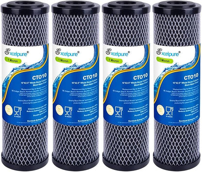 EXCELPURE 1 Micron 10" x 2.5" Whole House CTO Carbon Water Filter Cartridge Replacement for Home Countertop System, Dupont WFPFC8002, WFPFC9001, FXWTC, SCWH-5, WHEF-WHWC, WHCF-WHWC, CTO10, T01, 4PACK