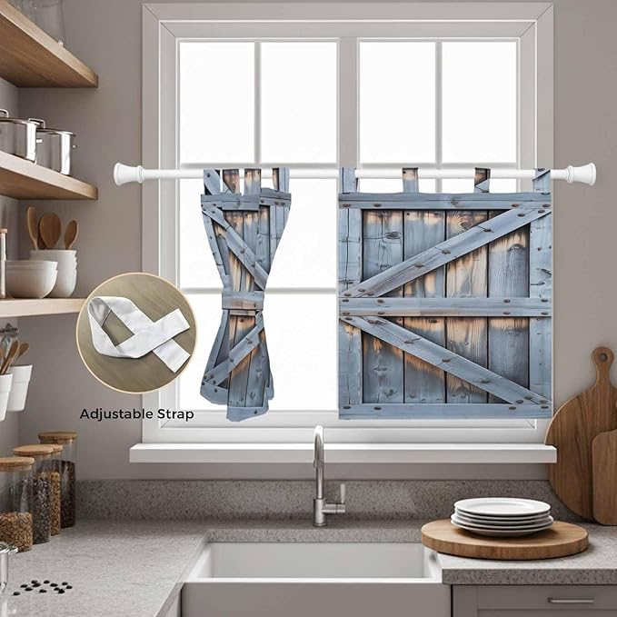 Farmhouse Wood Grain Kitchen Curtains 36 Inch Length, Small Window Curtains Tab Top, Vintage Country Barn Gate Textured Light Filtering Short Window Treatments Tier Drapes 27.5"x36" 2 Panel