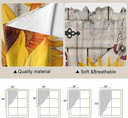 Red Yellow Sunflowers Swag Valances for Windows, Retro Rustic Barn Doors Butterfly Brown Rod Pocket Kitchen Curtains Valance, Small Window Curtains Swag for Cafe Living Room, 2 Panels, 28x36 inch